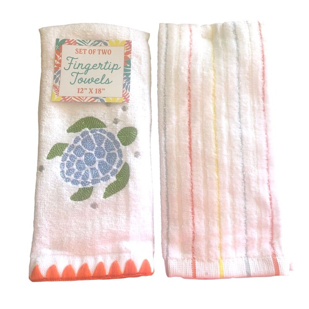 Sea Turtle Striped Fingertip Towels Embroidered Beach House Bathroom Set of 2